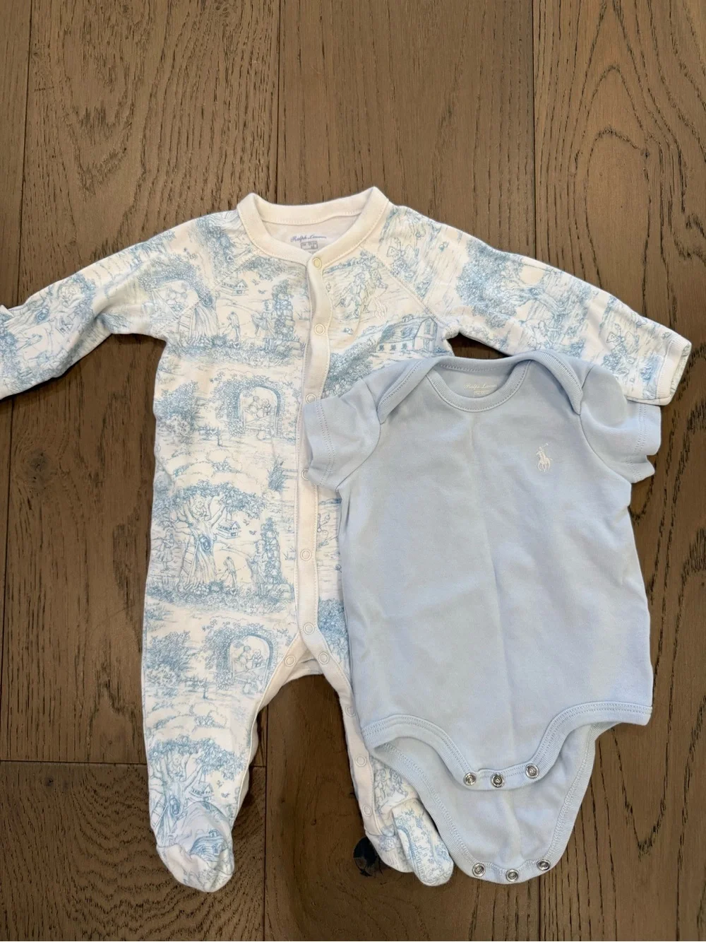 Ralph Lauren Light Blue Toile Footed Sleeper & Solid Bodysuit Set